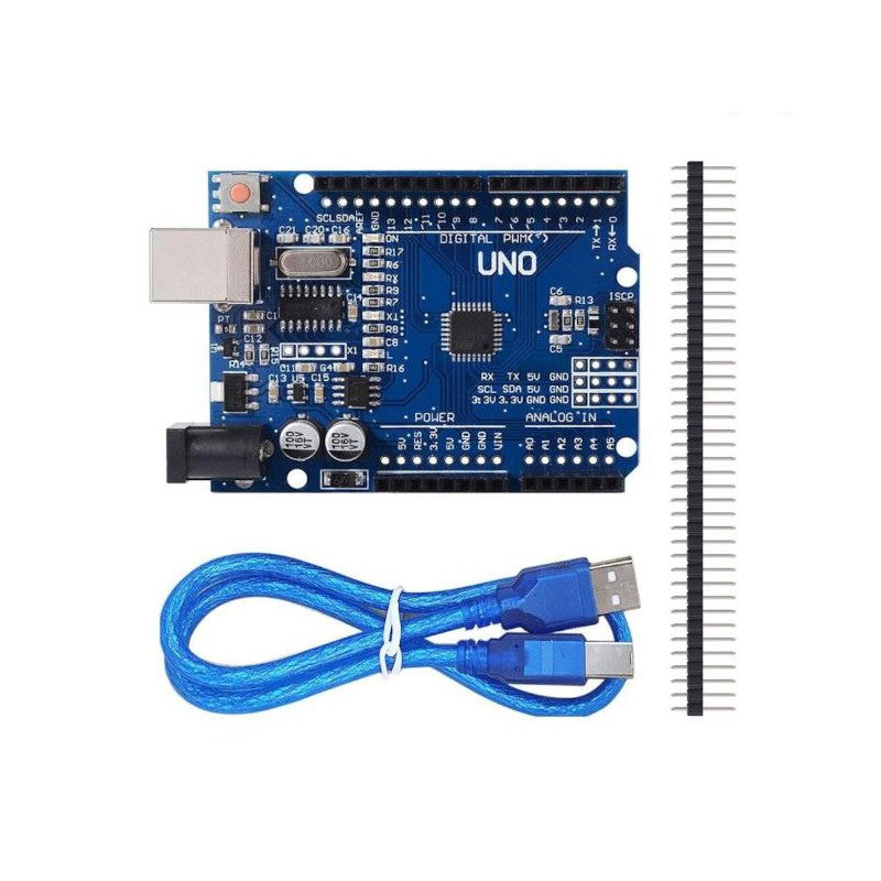 Arduino Uno With USB Cable SMD - a blue microcontroller board with a USB port and power jack, a blue USB cable, and a strip of header pins.