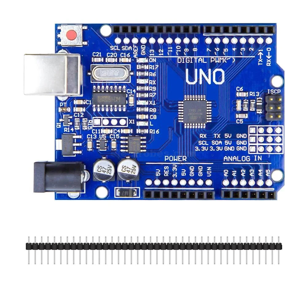 Arduino Uno With USB Cable SMD - a blue Arduino Uno development board with a USB port, power jack, and header pins, accompanied by a pin header strip.