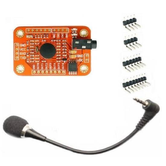 Arduino Voice Recognition Module V3 - shown with an orange circuit board, a 3.5mm microphone, and four sets of pin headers.
