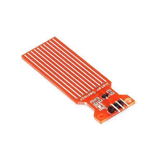 Arduino Water Level Sensor - an orange rectangular circuit board with exposed parallel conductive traces and a three-pin male header connector.