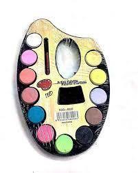 Artist Palette 12 Water Color Paints For Kids - Large Water Colors 12 Color - Brush - a palette-shaped tray containing 12 circular watercolor paint pans and a small brush.