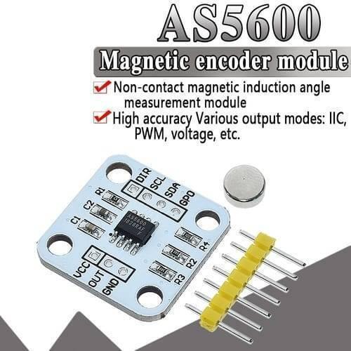 AS5600 Magnetic Encoder Magnetic Induction Angle Measurement Sensor Module 12bit High Precision For Arduino - a white circuit board with pins, a small circular magnet, and a yellow header strip on a white background.