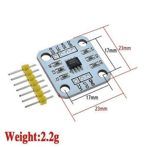 AS5600 Magnetic Encoder Magnetic Induction Angle Measurement Sensor Module 12bit High Precision For Arduino - shown as a blue square circuit board with pins, labeled ports, and red dimension lines indicating a 23mm by 23mm size.