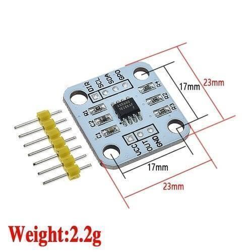 AS5600 Magnetic Encoder Magnetic Induction Angle Measurement Sensor Module 12bit High Precision For Arduino - shown as a blue square circuit board with pins, labeled ports, and red dimension lines indicating a 23mm by 23mm size.