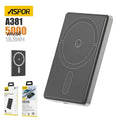 Aspor 18.5W 5000mAh Magnetic Portable Mini Wireless Power Bank A381 - shown in grey with its retail packaging, featuring a circular charging pad and a pill-shaped indicator.