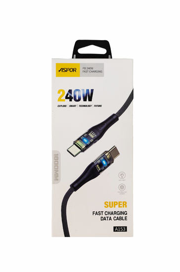 Aspor A153 240W LED Light Type-c To Type-c Pd Fast Charging Cable - the product with illuminated connectors and a 1800mm length label.