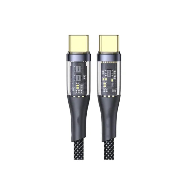 Aspor A153 240W LED Light Type-c To Type-c Pd Fast Charging Cable - two gold-plated USB-C connectors with transparent casings revealing internal chips.