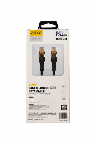 Aspor A153 240W LED Light Type-c To Type-c Pd Fast Charging Cable - its white retail packaging, showing the cable connectors through a central window on the box front.