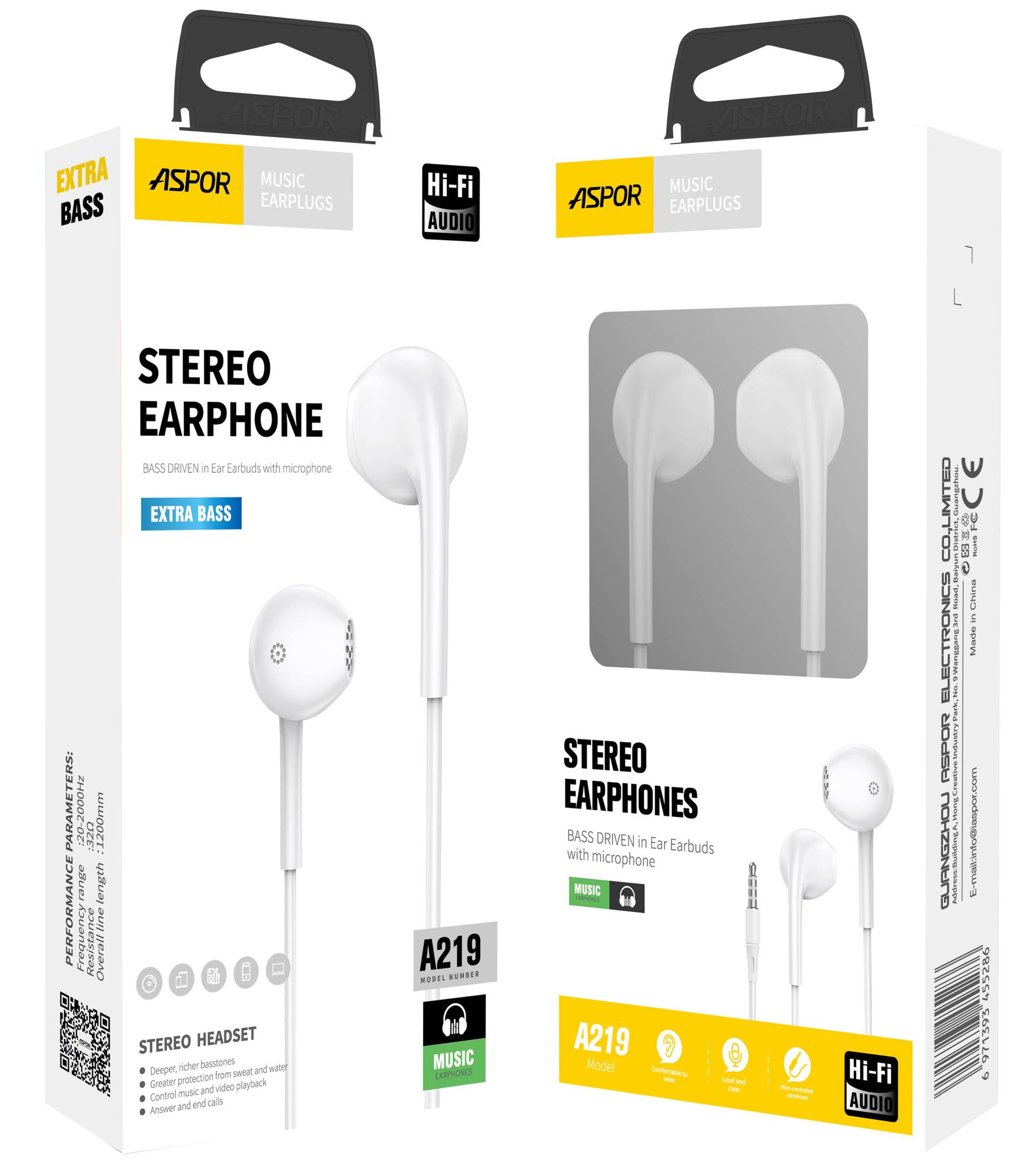 Aspor A219 3.5mm Earphone/Handsfree Universal With High Bass Quality Sound - stereo earphones in white, shown in their original retail packaging box with a 3.5mm jack and integrated microphone.