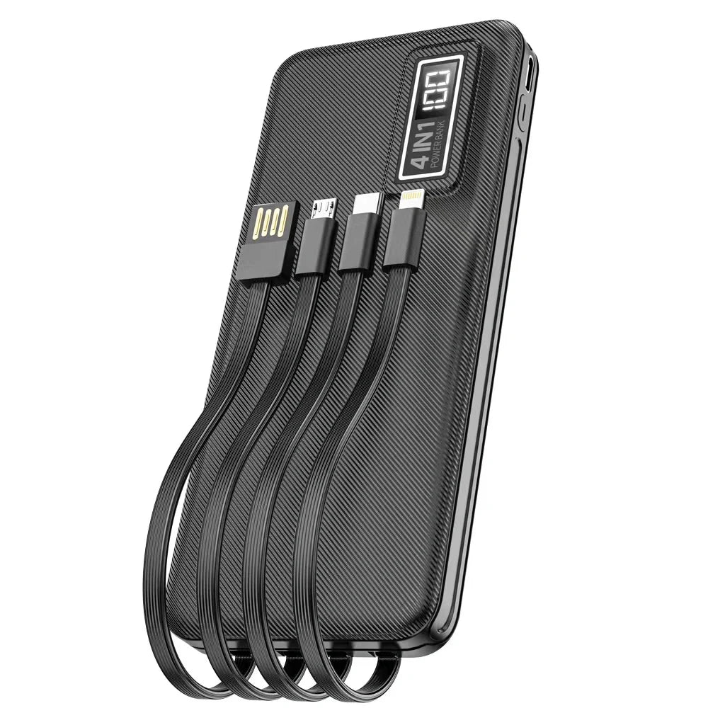 Aspor A300 10000mAh Li-polymer Battery 4 IN1 Power Bank - a black textured power bank with four integrated charging cables and a digital display showing 100.