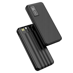 Aspor A300 10000mAh Li-polymer Battery 4 IN1 Power Bank - two black units with integrated charging cables, a digital display reading 100, and a USB-A connector.
