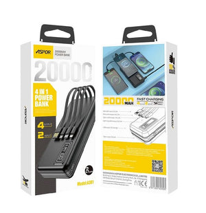 Aspor A301 4 In 1 Power Bank 20000mAh With LCD Digital Display - the black power bank with four integrated cables and an LCD screen displaying 100.