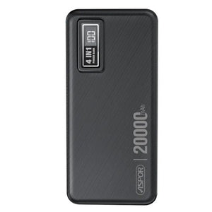 Aspor A301 4 In 1 Power Bank 20000mAh With LCD Digital Display - a black, rectangular portable charger featuring a digital display screen showing 100 percent battery capacity.
