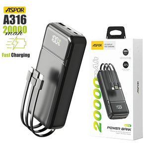 Aspor A316 20000mAh 22.5W High-speed Power Bank With Built In Cable - shown in black with three built-in charging cables, a digital display reading 100%, and its retail packaging box.