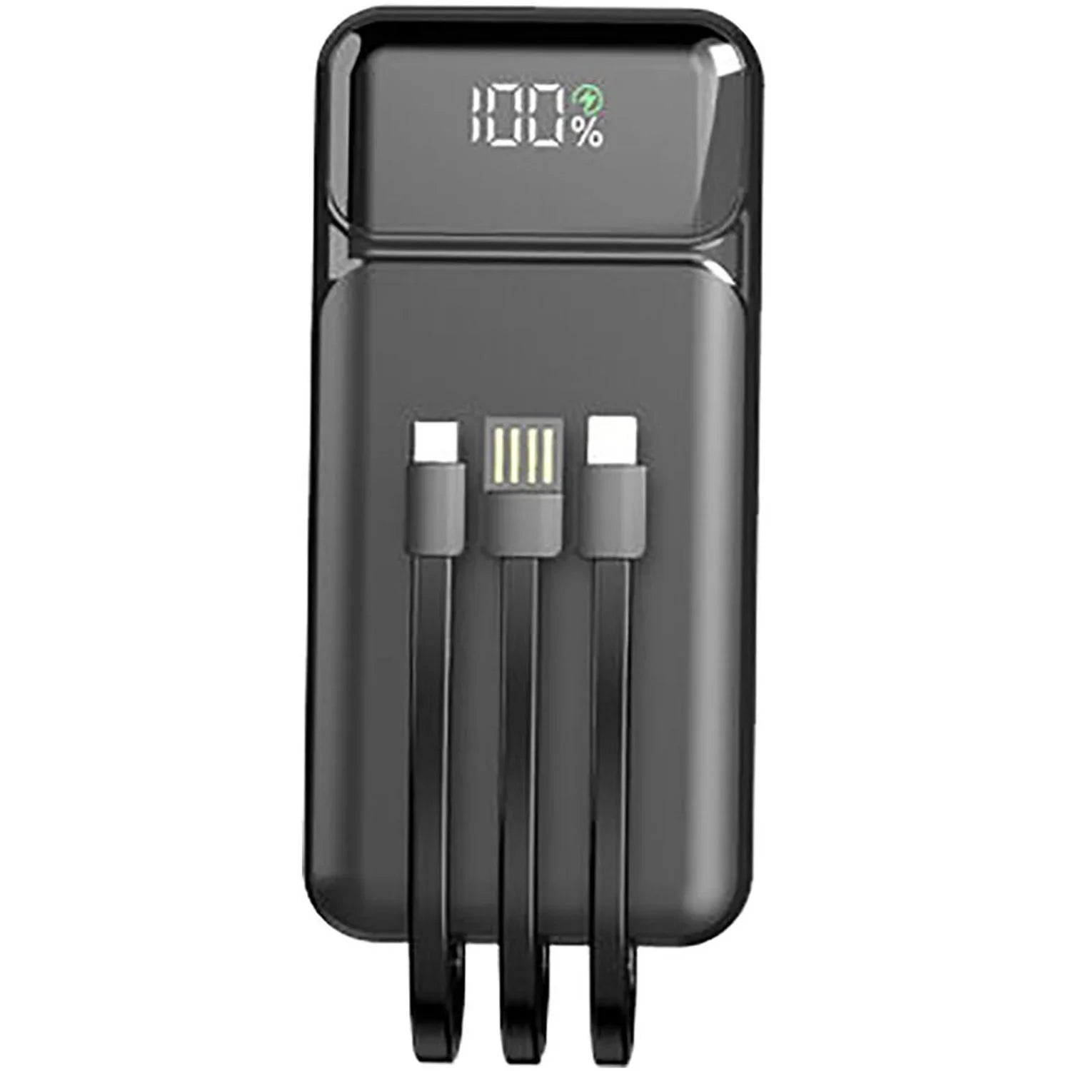 Aspor A316 20000mAh 22.5W High-speed Power Bank With Built In Cable - a digital display showing 100% and three integrated charging cables.