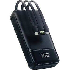 Aspor A316 20000mAh 22.5W High-speed Power Bank With Built In Cable - a black rectangular portable charger with three integrated cables and a digital display showing 100 percent.