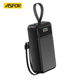 Aspor A317 30000mAh 22.5W High-speed Power Bank With Built-in Cable - a digital display showing 100% and a built-in charging cable with a loop strap.