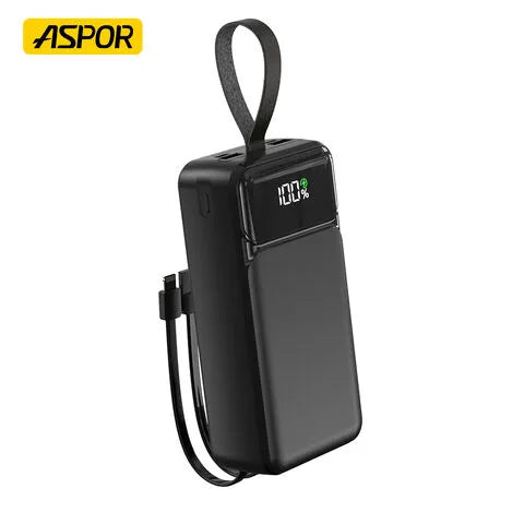 Aspor A317 30000mAh 22.5W High-speed Power Bank With Built-in Cable - a digital display showing 100% and a built-in charging cable with a loop strap.