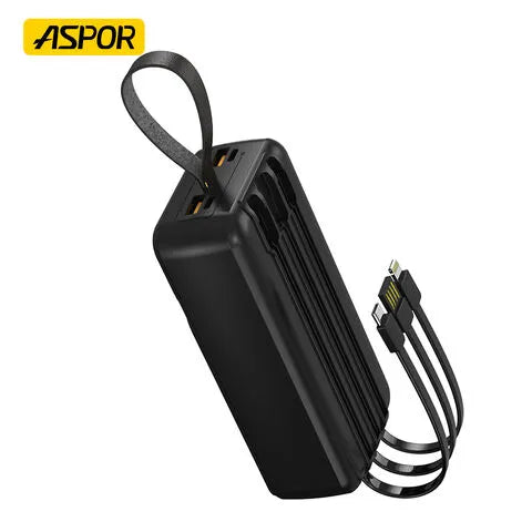 Aspor A317 30000mAh 22.5W High-speed Power Bank With Built-in Cable - a black, rectangular portable charger featuring an attached carrying strap and three integrated charging cables.