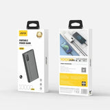 Aspor A335 10000mAh LED, Micro 5V/2A Type-c 5V/2A, USB-a 5V/2.4A Power Bank - shown in its grey rectangular packaging, featuring a front view of the device and a back view with product specifications.
