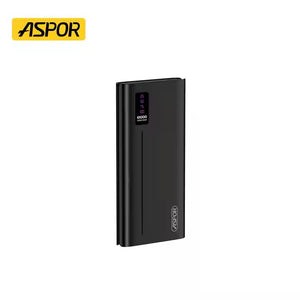Aspor A335 10000mAh LED, Micro 5V/2A Type-c 5V/2A, USB-a 5V/2.4A Power Bank - a slim black rectangular device featuring a vertical LED display showing battery percentages and the Aspor logo.