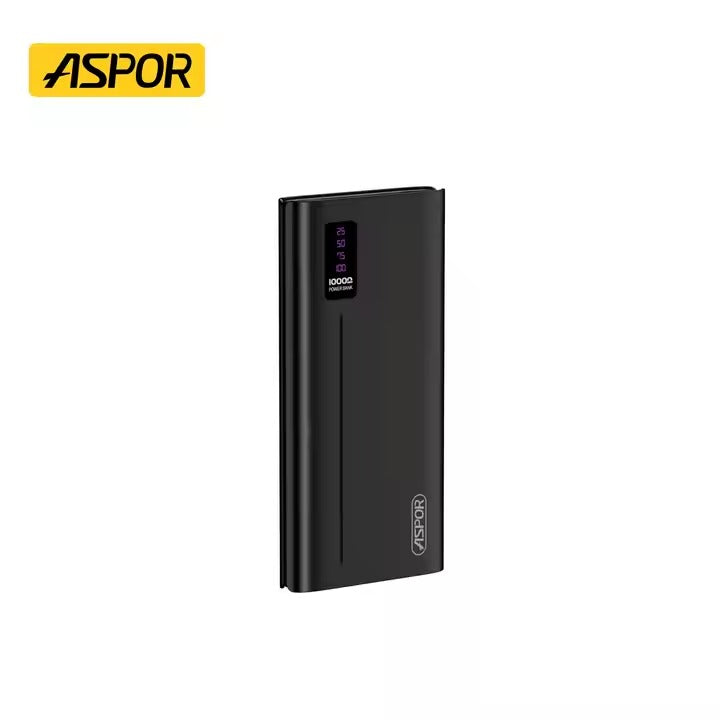 Aspor A335 10000mAh LED, Micro 5V/2A Type-c 5V/2A, USB-a 5V/2.4A Power Bank - a slim black rectangular device featuring a vertical LED display showing battery percentages and the Aspor logo.