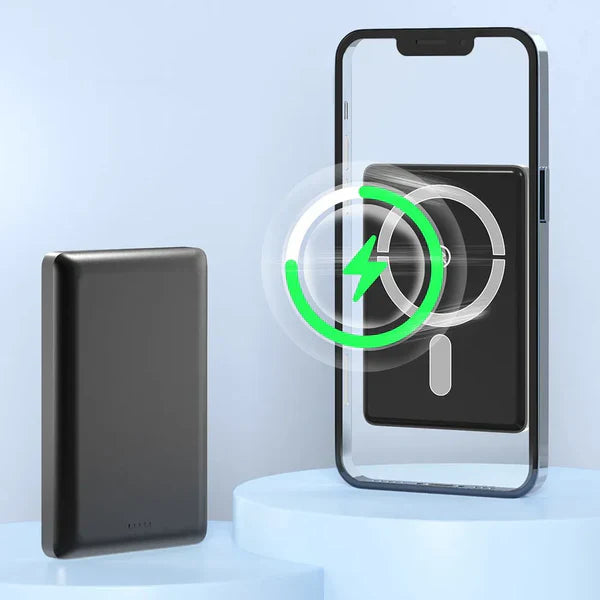 Aspor A382 Wireless Charging 10000mAh Power Bank Max 15W Fast Charging PD20W - a black portable charger next to a smartphone with a green wireless charging icon on its back.
