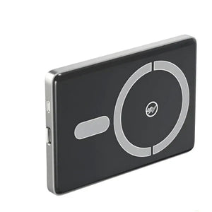 Aspor A382 Wireless Charging 10000mAh Power Bank Max 15W Fast Charging PD20W - a black rectangular wireless charger with a silver circular magnetic ring, a side power button, and two USB ports.
