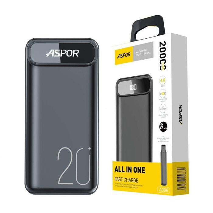 Aspor A396 20000mAh Power Bank - shown as a black rectangular unit next to its retail packaging box, which displays a digital screen reading 100.