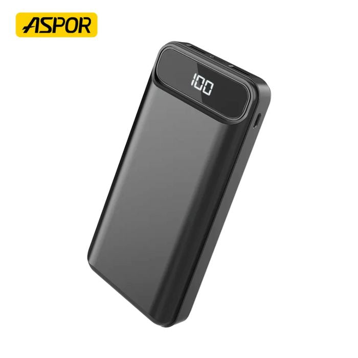 Aspor A396 20000mAh Power Bank - a black rectangular portable charger with a digital display screen showing 100 on the top edge.