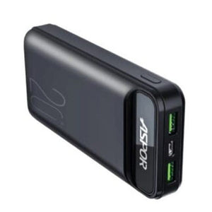 Aspor A396 20000mAh Power Bank - a black rectangular portable charger with two USB ports, one micro-USB port, and a power button on the side.