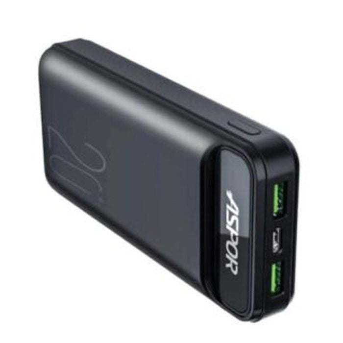 Aspor A396 20000mAh Power Bank - a black rectangular portable charger with two USB ports, one micro-USB port, and a power button on the side.
