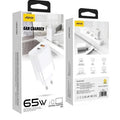 Aspor A851 Eu Charger Adapter 65W QC3.0 Wall Multi Port USB - shown as two white retail boxes displaying the charger unit and its technical specifications on the packaging.