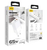 Aspor A851 Eu Charger Adapter 65W QC3.0 Wall Multi Port USB - shown as two white retail boxes displaying the charger unit and its technical specifications on the packaging.