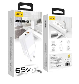 Aspor A851 Eu Charger Adapter 65W QC3.0 Wall Multi Port USB - shown as two white retail boxes displaying the charger unit and its technical specifications on the packaging.