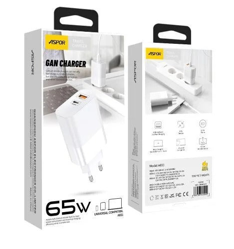 Aspor A851 Eu Charger Adapter 65W QC3.0 Wall Multi Port USB - shown as two white retail boxes displaying the charger unit and its technical specifications on the packaging.