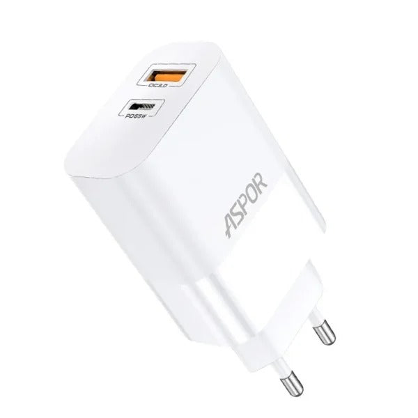 Aspor A851 Eu Charger Adapter 65W QC3.0 Wall Multi Port USB - a white wall plug featuring one USB-A port labeled QC3.0 and one USB-C port labeled PD65W.