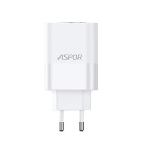 Aspor A851 Eu Charger Adapter 65W QC3.0 Wall Multi Port USB - a white, rectangular wall plug with two metal prongs extending from the bottom.