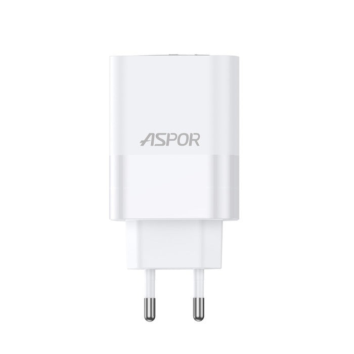 Aspor A851 Eu Charger Adapter 65W QC3.0 Wall Multi Port USB - a white, rectangular wall plug with two metal prongs extending from the bottom.