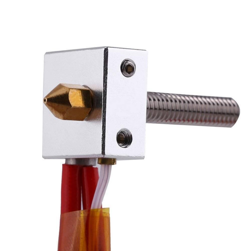 Assembled Aluminum Heating Block Extruder Hot End For 3d Printer 1.75mm MK8 - a silver metal block with a brass nozzle, threaded heat break, and red wires.
