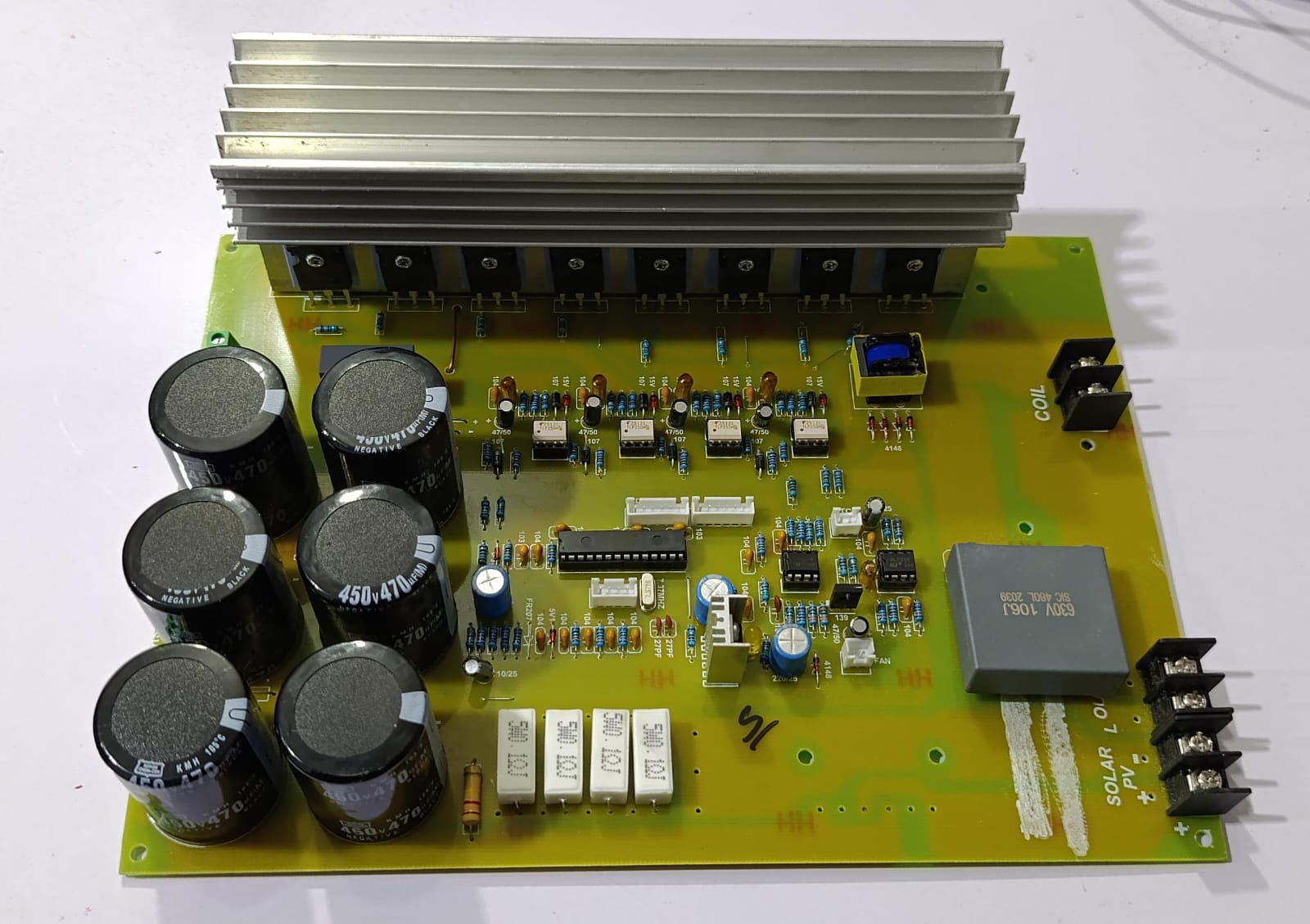 Assembled Local 8 IGBT Inverter PCB Board - a yellow circuit board featuring a large aluminum heatsink, six capacitors, and a terminal block for connections.