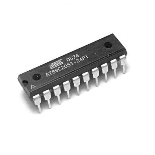 AT89C2051-24PU AT89C2051 AT89C4051 Microcontroller IC Atmel DIP-20 - a black 20-pin DIP integrated circuit chip with silver metal leads, shown from an angled top-down perspective.