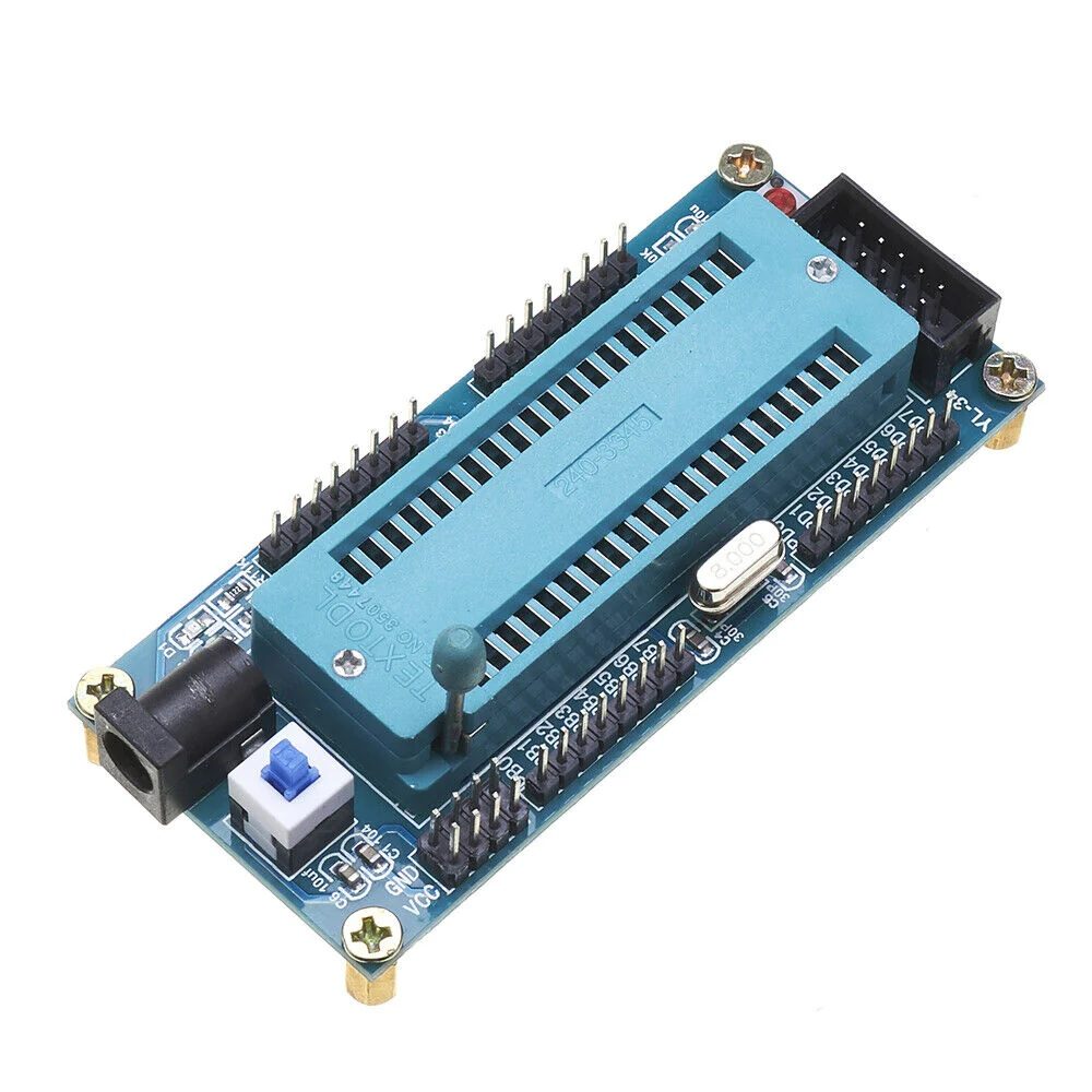 ATMEGA16 ATMEGA32 Isp Avr Minimum Development System Board Module - a blue ZIF socket, a power jack, a push button, and pin headers on a blue PCB.