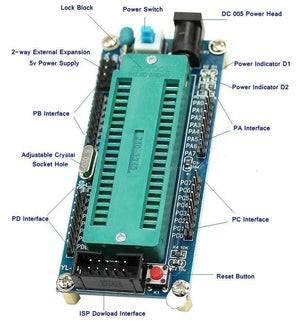 ATMEGA16 ATMEGA32 Isp Avr Minimum Development System Board Module - a green ZIF socket, power switch, DC power head, and labeled pin interfaces.