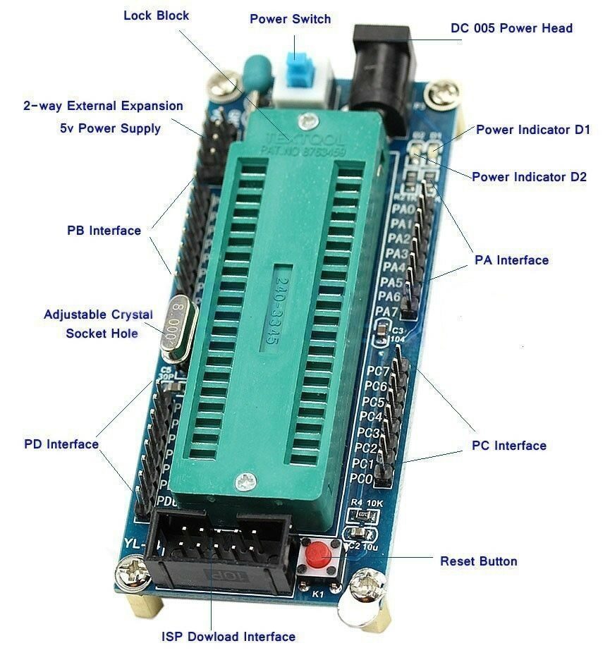 ATMEGA16 ATMEGA32 Isp Avr Minimum Development System Board Module - a green ZIF socket, power switch, DC power head, and labeled pin interfaces.