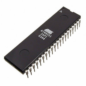 Atmel AT89C51 Microcontroller - a black rectangular integrated circuit with two rows of metal pins and white text printed on the top surface.