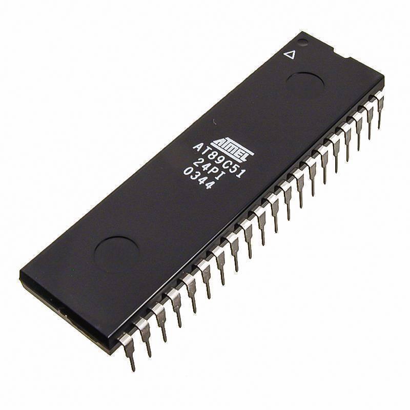 Atmel AT89C51 Microcontroller - a black rectangular integrated circuit with two rows of metal pins and white text printed on the top surface.