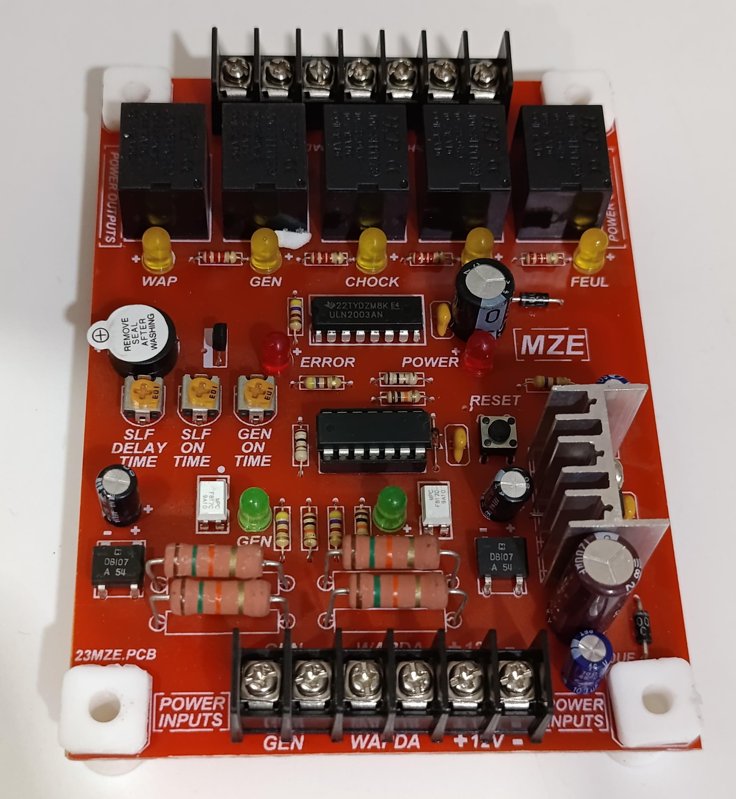 Ats Kit For Generator Only For Generator Professionals - a red rectangular circuit board featuring four black relays, yellow LEDs, and screw terminals.