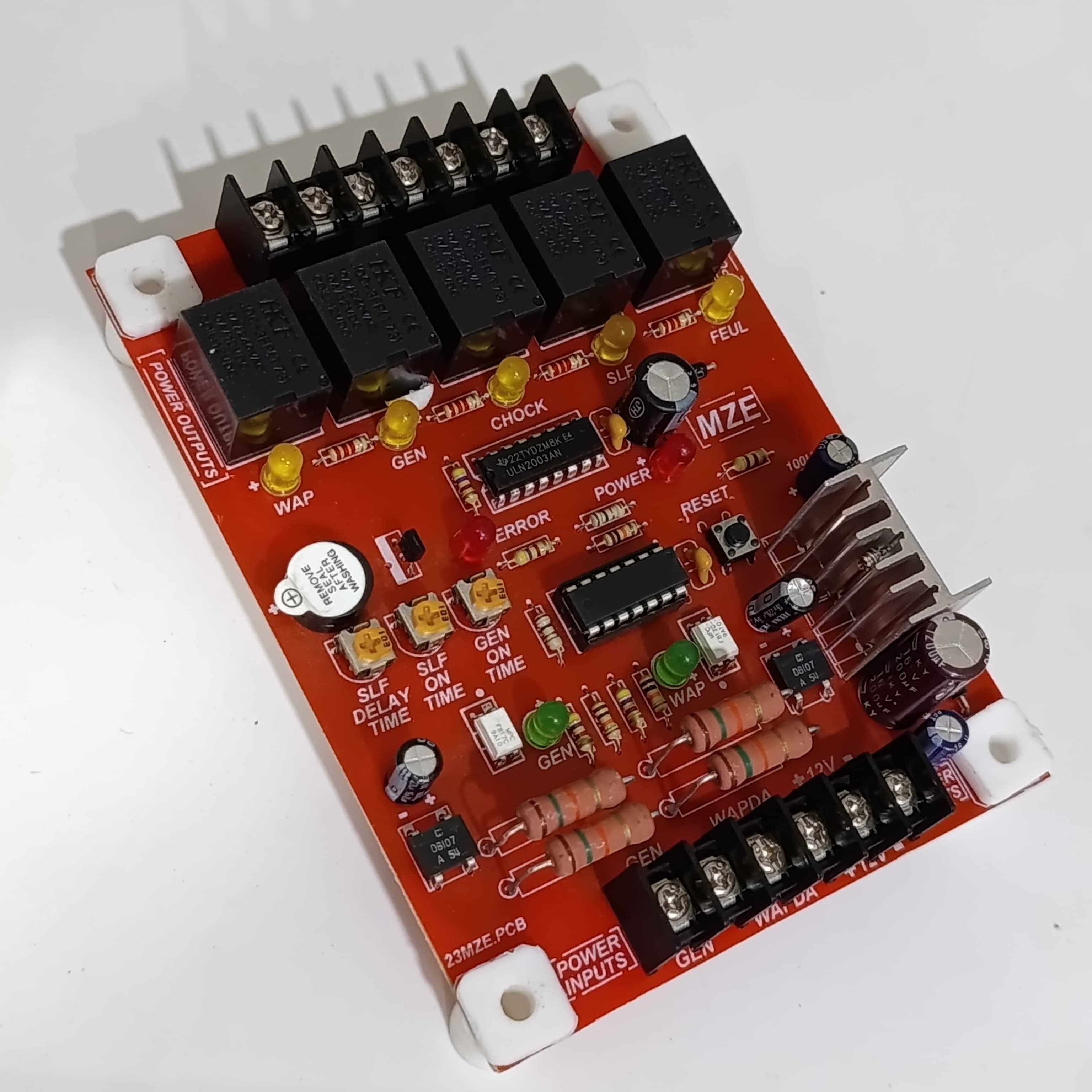 Ats Kit For Generator Only For Generator Professionals - a red circuit board with four black relays, status LEDs, adjustable potentiometers, and ports.