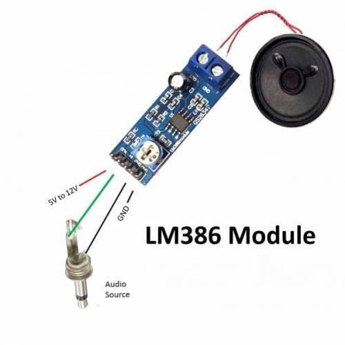 Audio Amplifier Module LM386 5-12V 10k Adjustable Resistance - shown with a blue circuit board, a potentiometer, a speaker, and an audio jack connector.